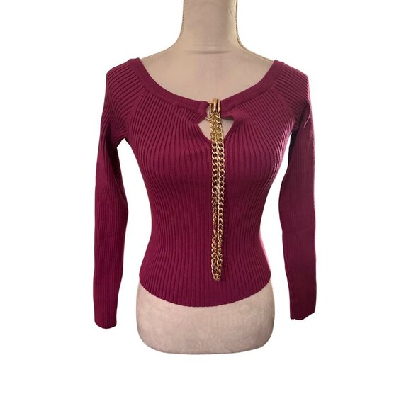 ASTR The Label Philippa Chain Strap Stretchy Sweater Fuchsia Ribbed Chain Sz M - Picture 2 of 14